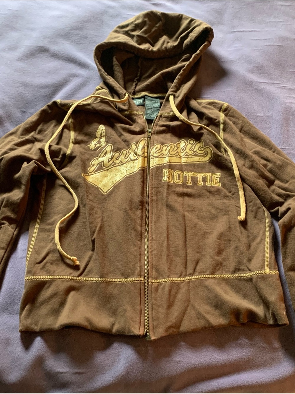 Vintage No Boundaries Brown Zip-Up Hoodie w/ Distressed “Authentic Hottie” Print